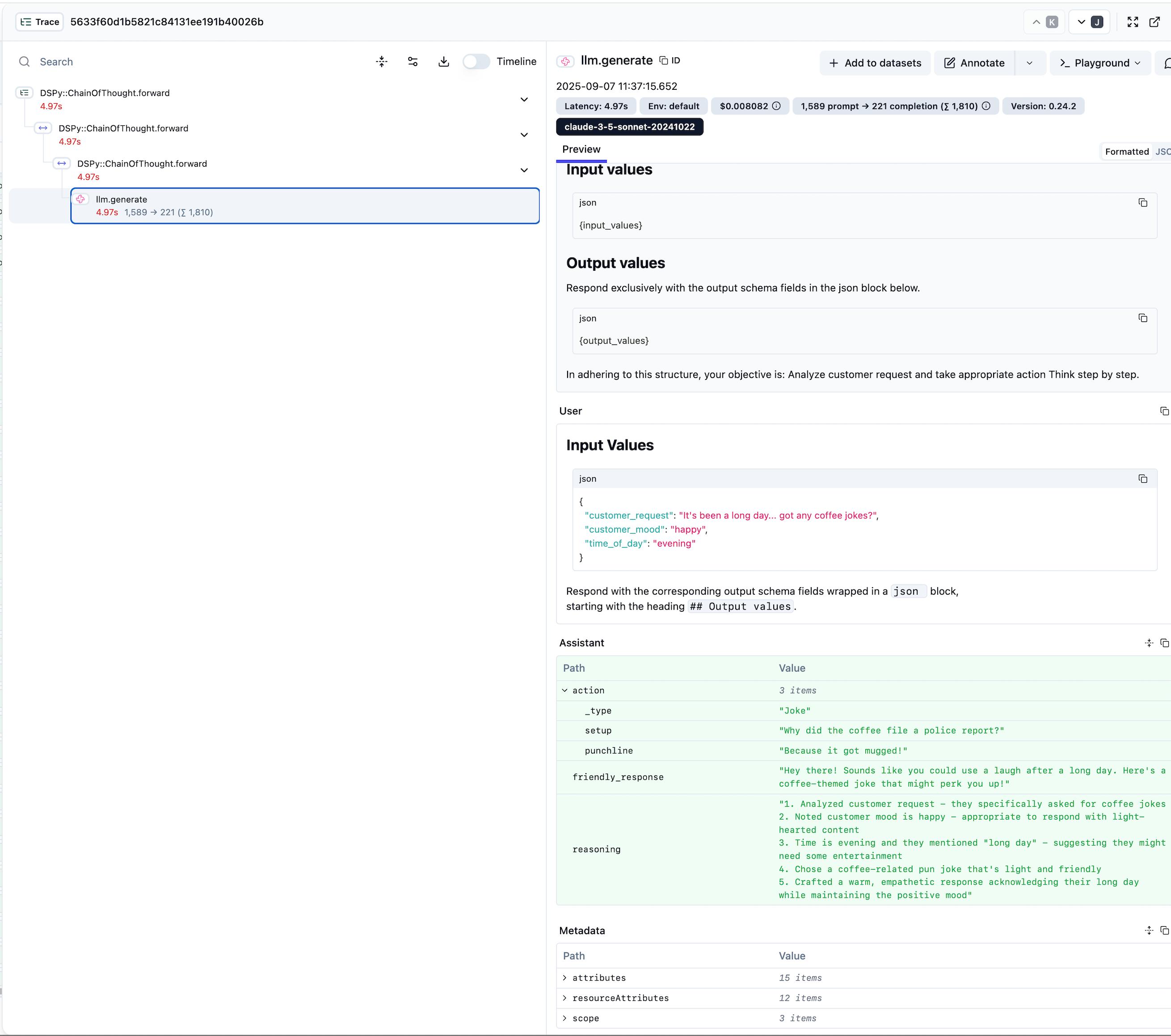 Langfuse trace details showing hierarchical structure and reasoning